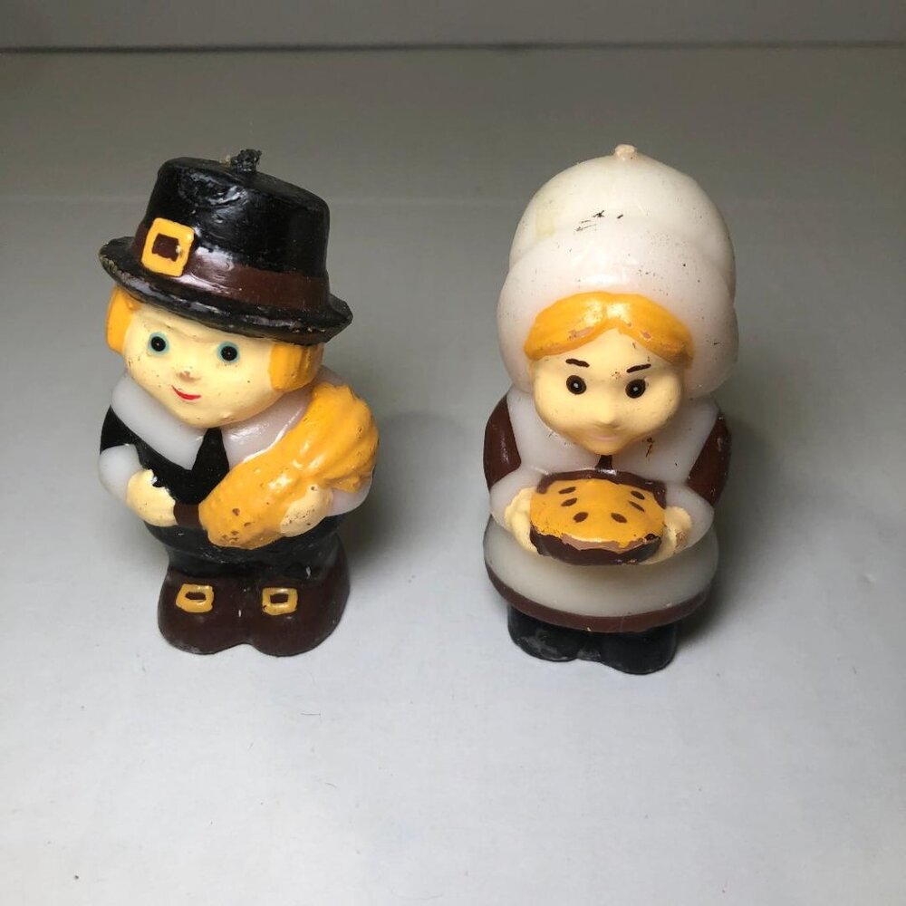 Vintage Thanksgiving Fall Candles Pilgrims Boy Girl Holiday